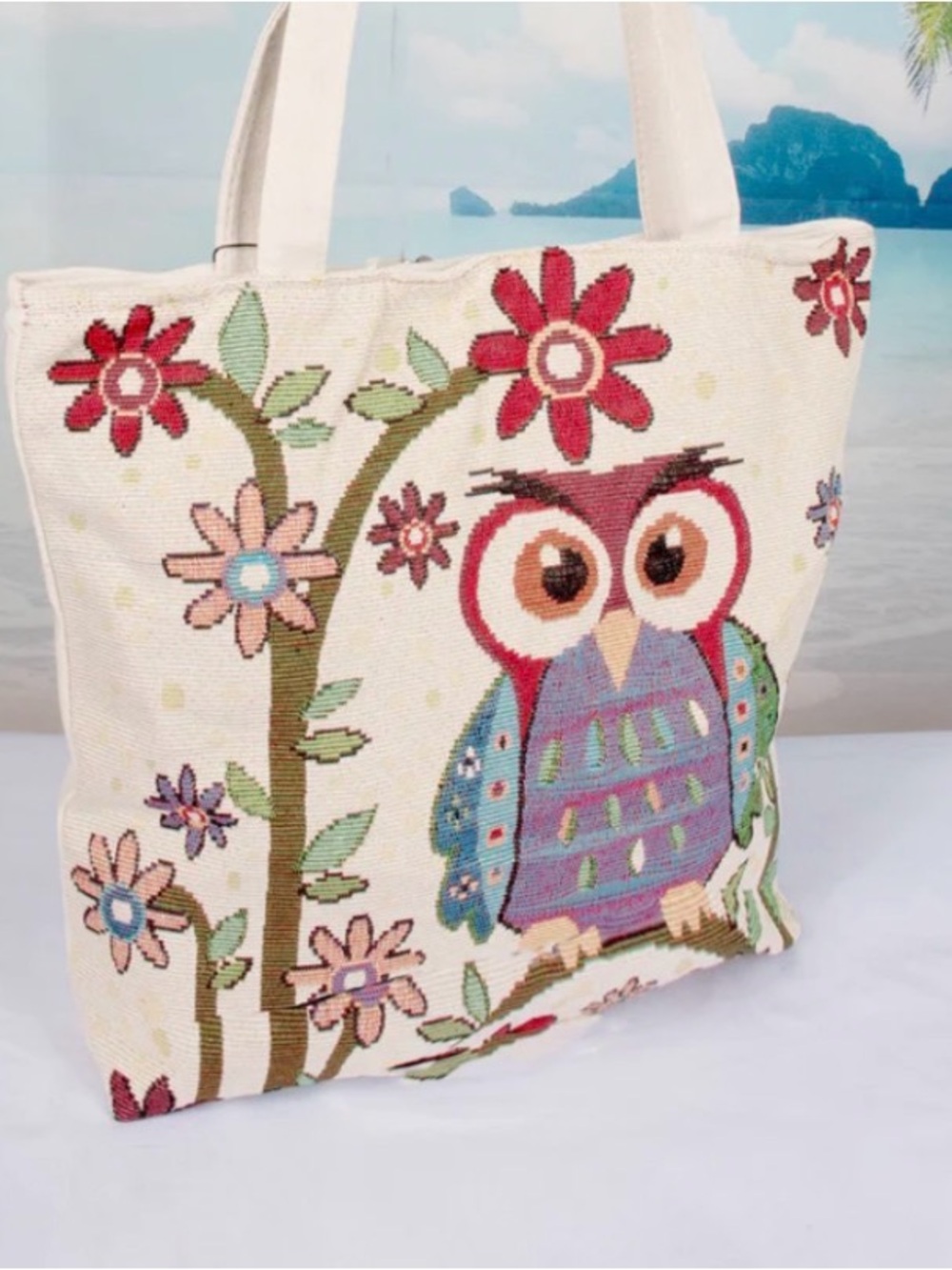 Canvas Owl Embroidered Tote Bag Cream Floral Beach Market Everyday Shopper